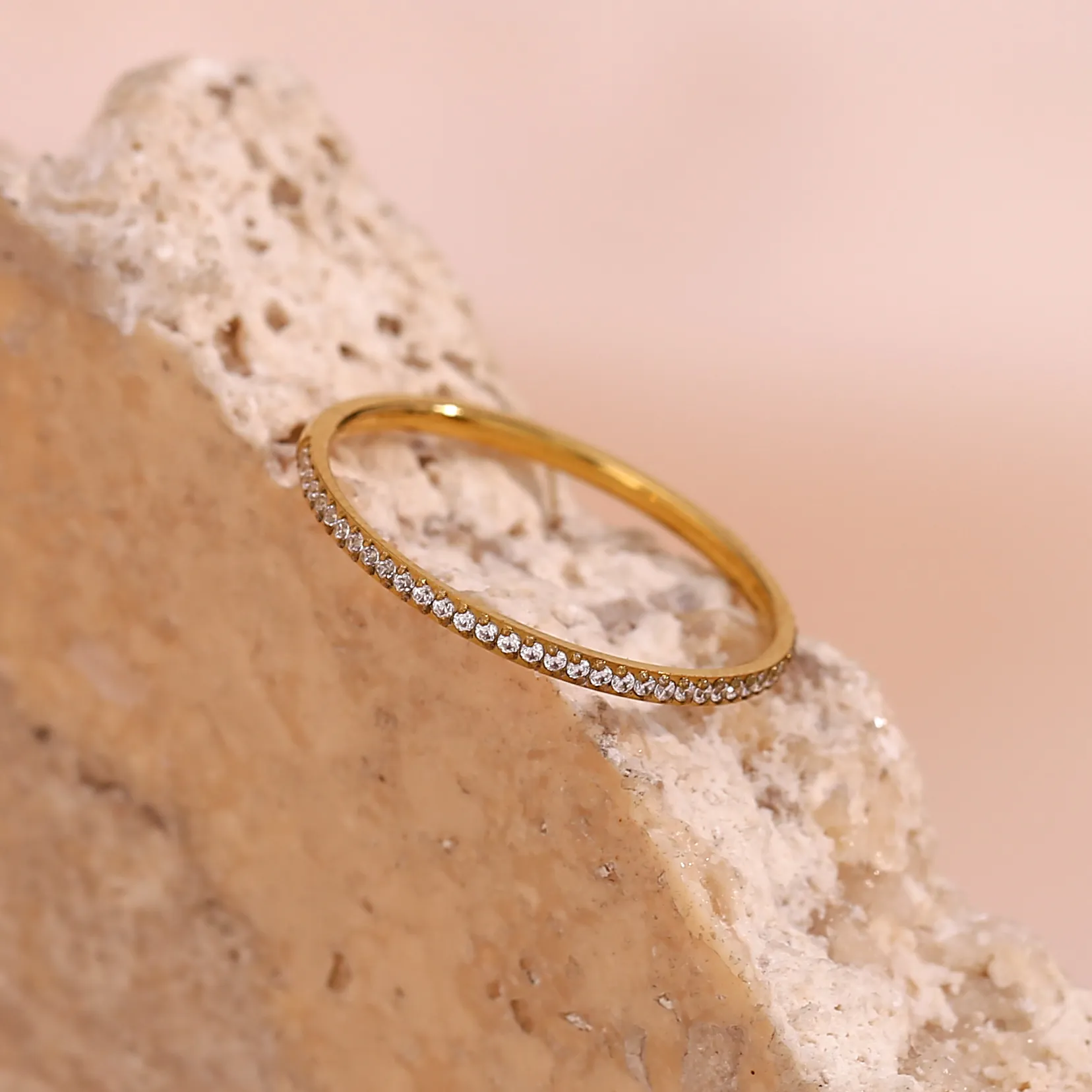 Ultra Thin Micro Pave Cubic Zirconia Ring 18K Gold Plated Stainless Steel Simple Eternity Band Jewelry For Women