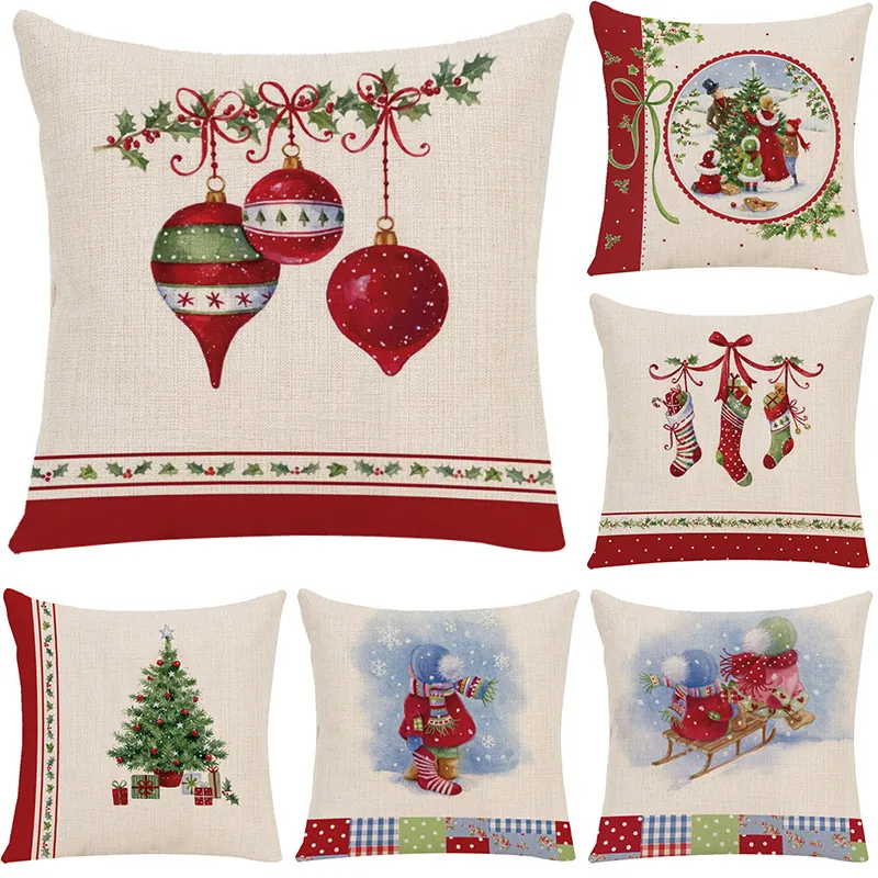 Christmas Cushion Covers Linen Decorative Pillowcases Xmas Tree Snowman Wreath Prints Vintage Holiday Home Decor Sofa Bed