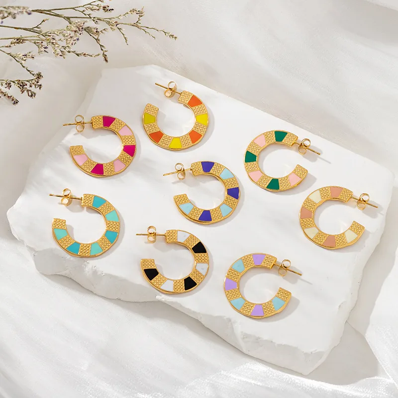 Geometric C-Shape Hoop Earrings Colorful Enamel Stainless Steel Gold Plated Fashion Jewelry For Women