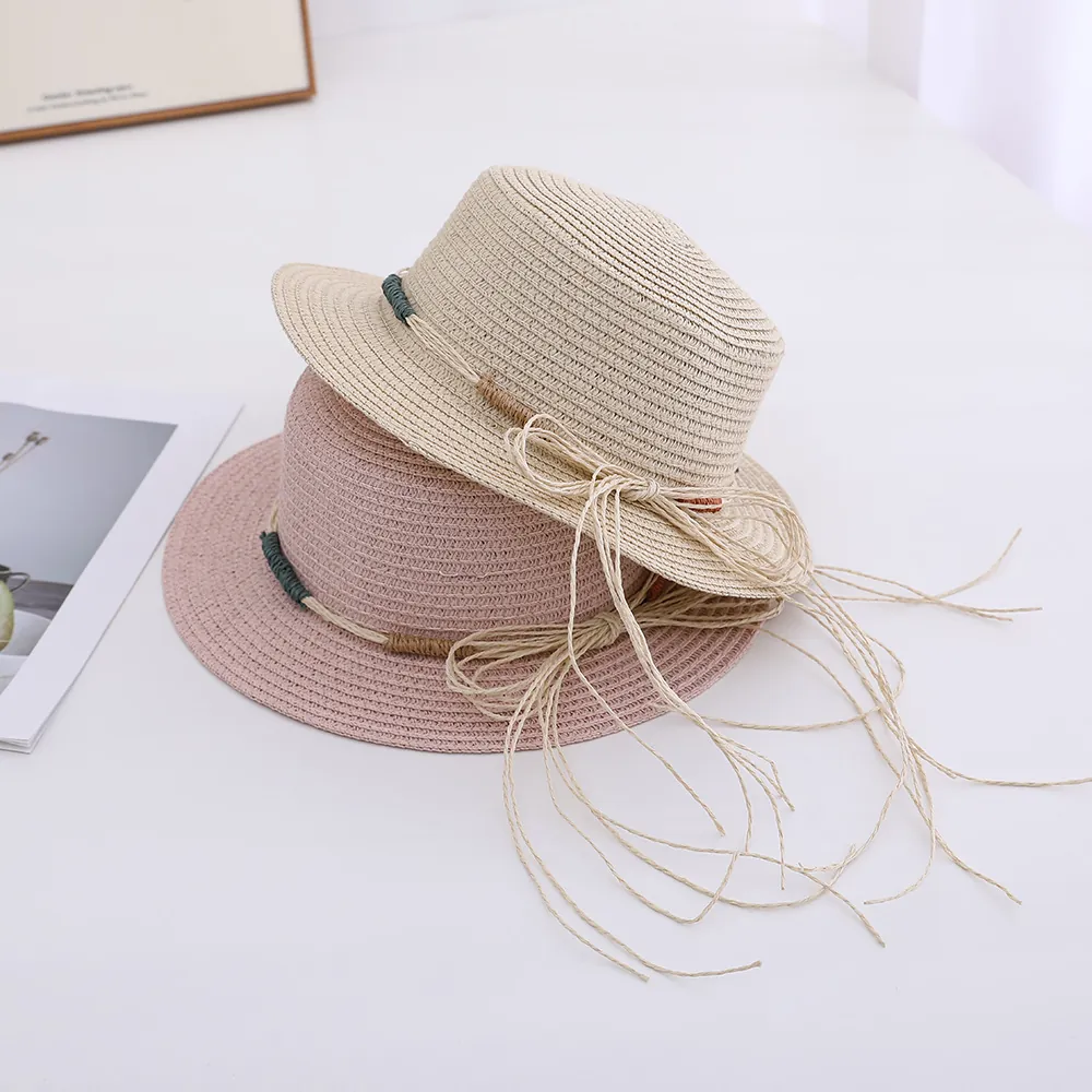 Kids Girls Straw Sun Hat Wide Brim Paper Straw Flat Top Bohemian Tassel Beach Vacation Summer UV Protection Accessory