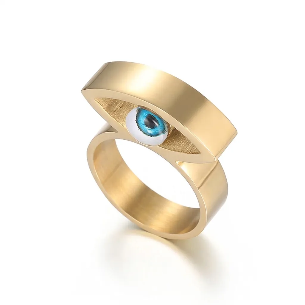 Personalisierter Edelstahl Böser Blick Ring Für Damen Vergoldet Hip Hop Stil Breites Band Finger Schmuck Zubehör Geschenk