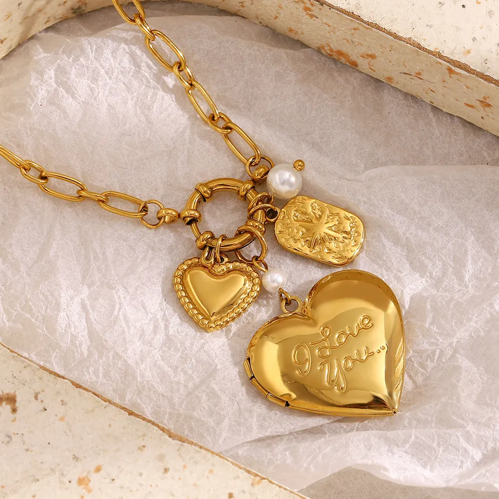 Stainless Steel Heart Locket Necklace 18K Gold Plated Engraved I Love You Multi Pendant With Shell Artificial Pearl For Women