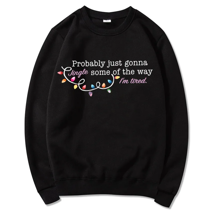 Men Hoodie Sweatshirt Polyester Fleece Lined Long Sleeve Pullover Funny Christmas Jingle Tired Quote Print Casual Holiday