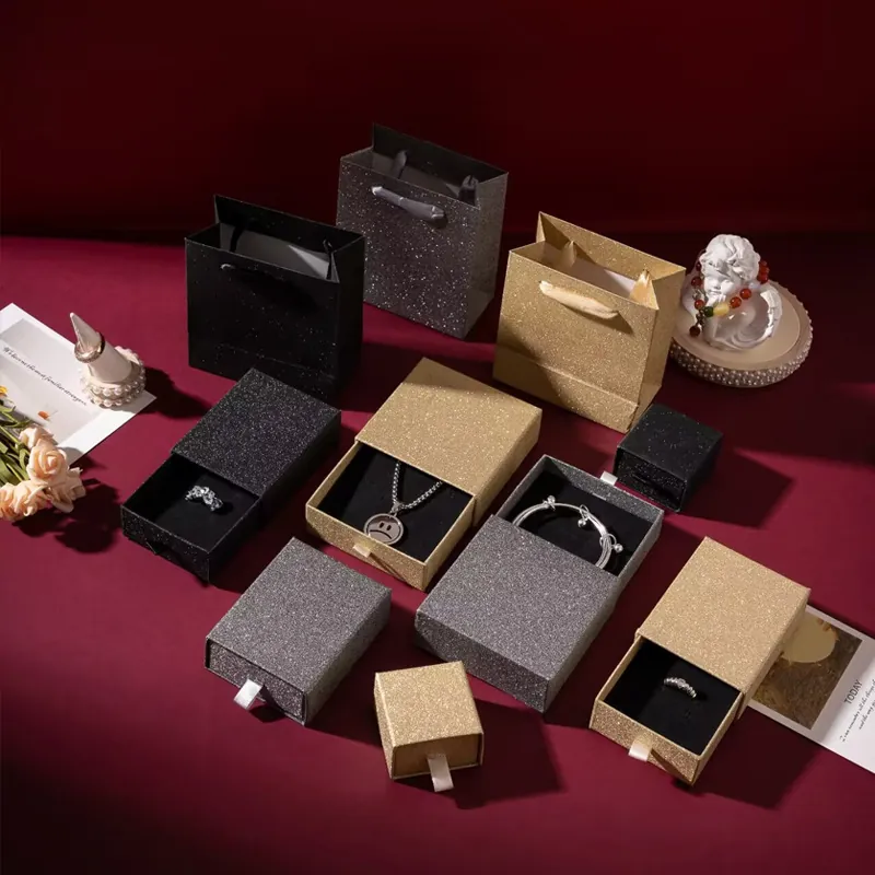 Glitter Paperboard Jewelry Box Drawer Style Jewelry Gift Packaging Case For Ring Earring Necklace Jewelry Storage Display Box