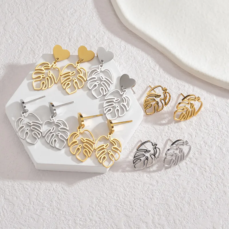 Vintage 18K Gold Plated Stainless Steel Hollow Monstera Leaf Stud Earrings For Women Sweet Heart Drop Dangle Jewelry Gift