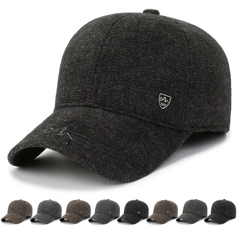 Winter Warm Baseball Cap Woolen Tweed Fleece Lined With Ear Flaps Windproof Outdoor Cold Weather Hat For Men