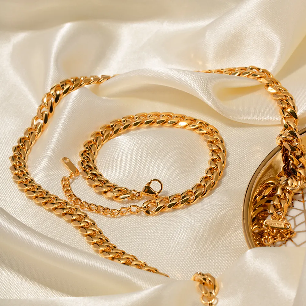 Collier Et Bracelet Maille Gourmette Acier Inoxydable Plaqué Or Bijoux Hip Hop Pour Femmes