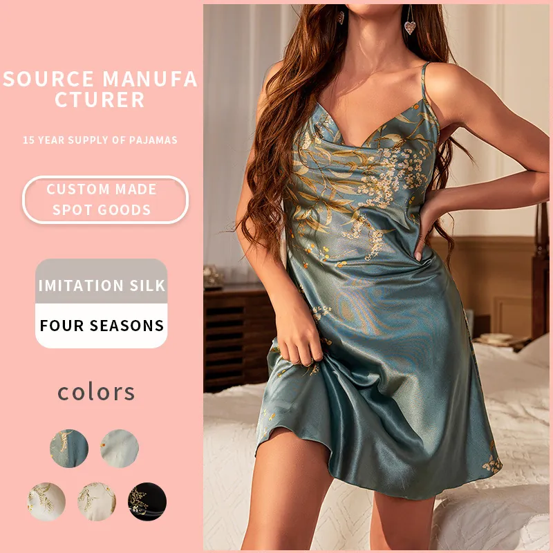 Nuisette Sexy Dos Nu Imitation Satin Satin Imprimé Floral Col En V Bretelles Spaghetti Vêtements De Nuit