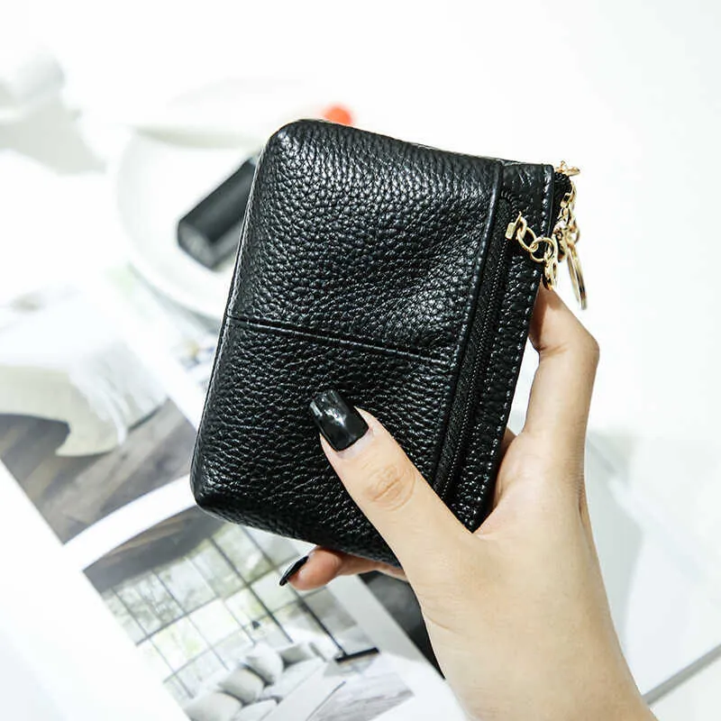 Mini Coin Purse Women Litchi Pattern PU Leather Card Holder Wallet With Key Ring Gold Zipper Anti-Theft Pocket