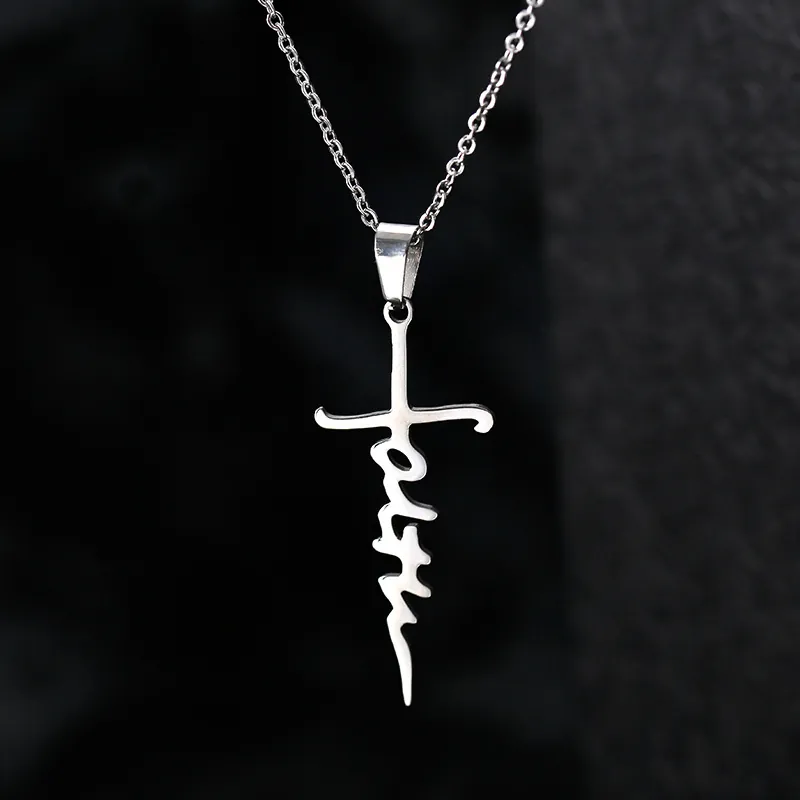 Faith Letter Cross Pendant Necklace Stainless Steel Polished Hip Hop Religious Jewelry For Women Men