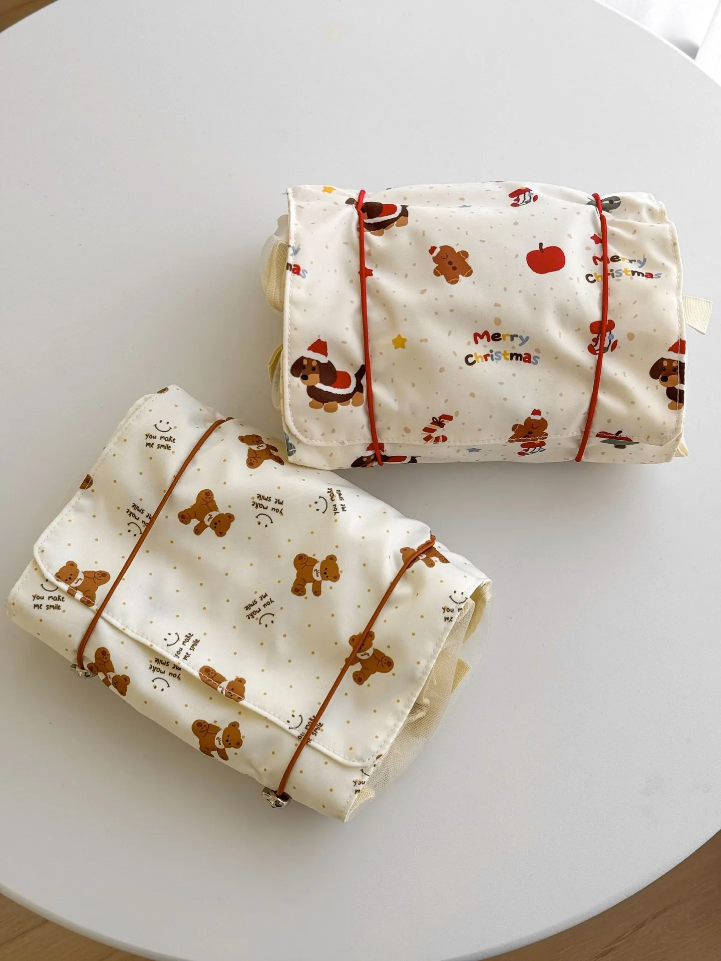 Foldable Makeup Bag Detachable Mesh Pockets Travel Portable Large Capacity Nylon Cartoon Bear Printed Cosmetic Organizer