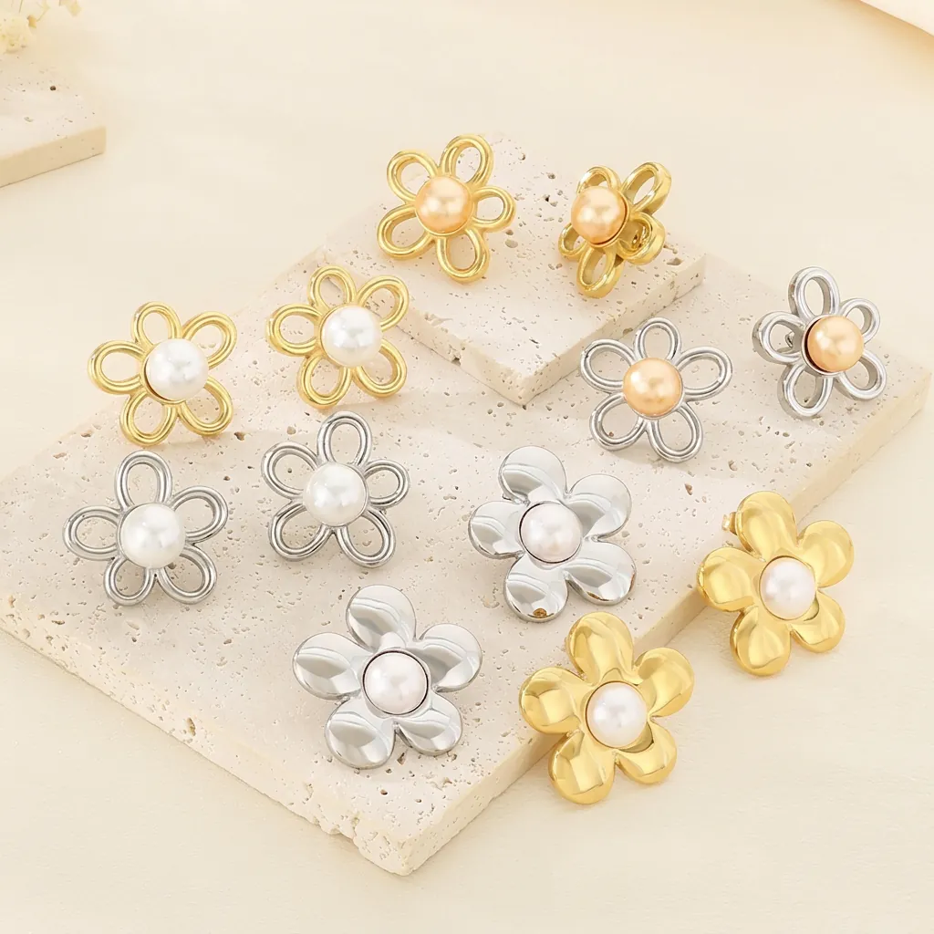 Boucles D Oreilles Fleur Acier Inoxydable Avec Künstliche Perle Imitation Plaqué Or 18K Pétale Creux Bijoux Mode Femme