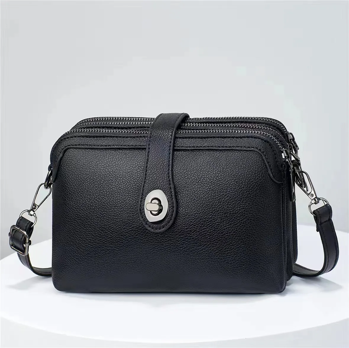Women Multi-layer Litchi Pattern PU Leather Crossbody Bag Large Capacity Triple Zipper Small Square Bag Shoulder Bag