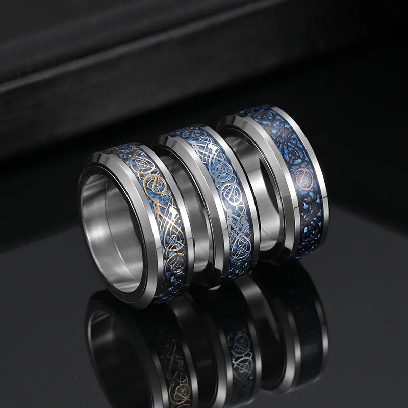 Bague Dragon Celtique En Acier Inoxydable Fibre De Carbone Bleue Anneau Rotatif Bijoux Vintage Style Punk Homme