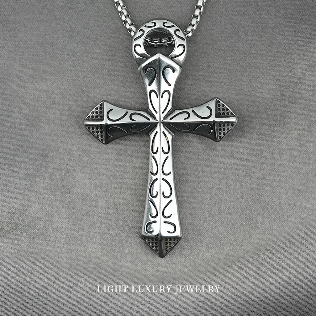 Vintage Cross Pendant Necklace Titanium Steel Gothic Embossed Pattern Punk Retro Jewelry For Men