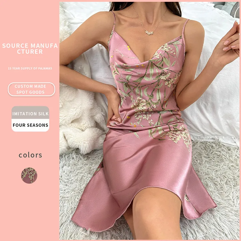 Nuisette En Satin Pour Femmes Imprimé Floral Col Bénitier Dos Nu Bretelles Réglables Vêtements De Nuit