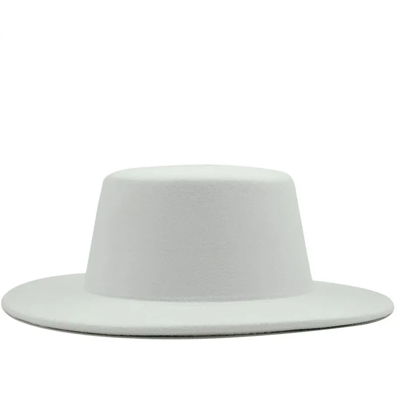 Flat Top Boater Hat Solid Color Wool Felt Wide Brim Fedora Jazz Cap Elegant Formal Church Hat For Women Men