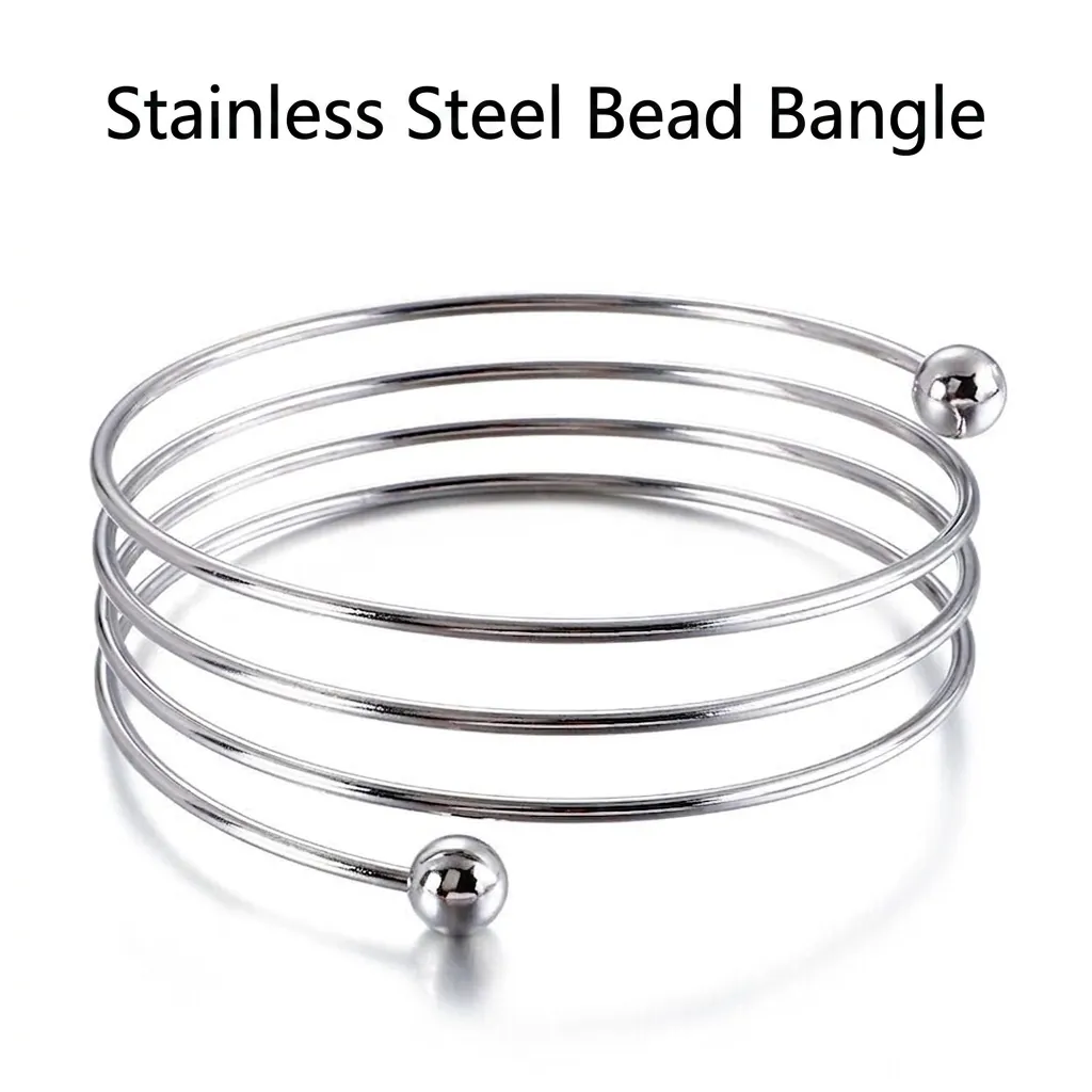Stainless Steel Multi Layer Spiral Bangle With Fixed Lucky Beads Fashion Minimalist Open Bracelet For Men Women