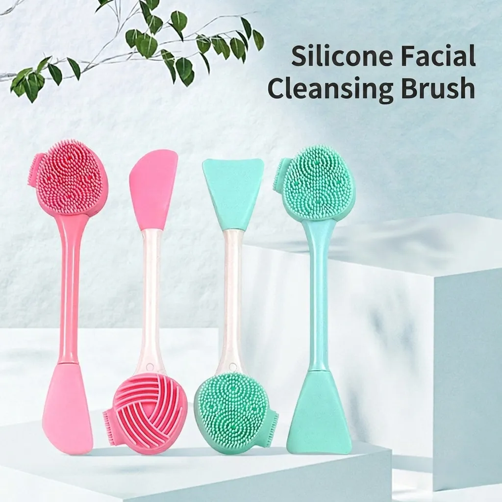 Double Sided Silicone Facial Cleansing Brush Manual Face Wash Massage Mask Applicator Spatula Skin Care Tool Soft Long Handle