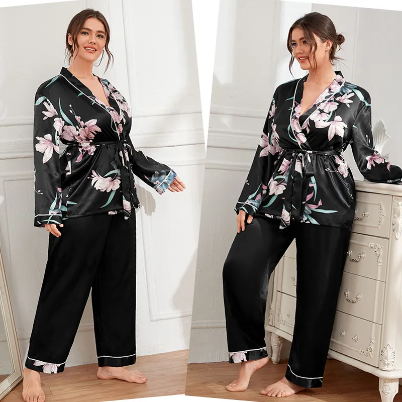 Women Plus Size Pajamas Satin Floral Print Long Sleeve Wrap Top And Long Pants Sleepwear Loungewear
