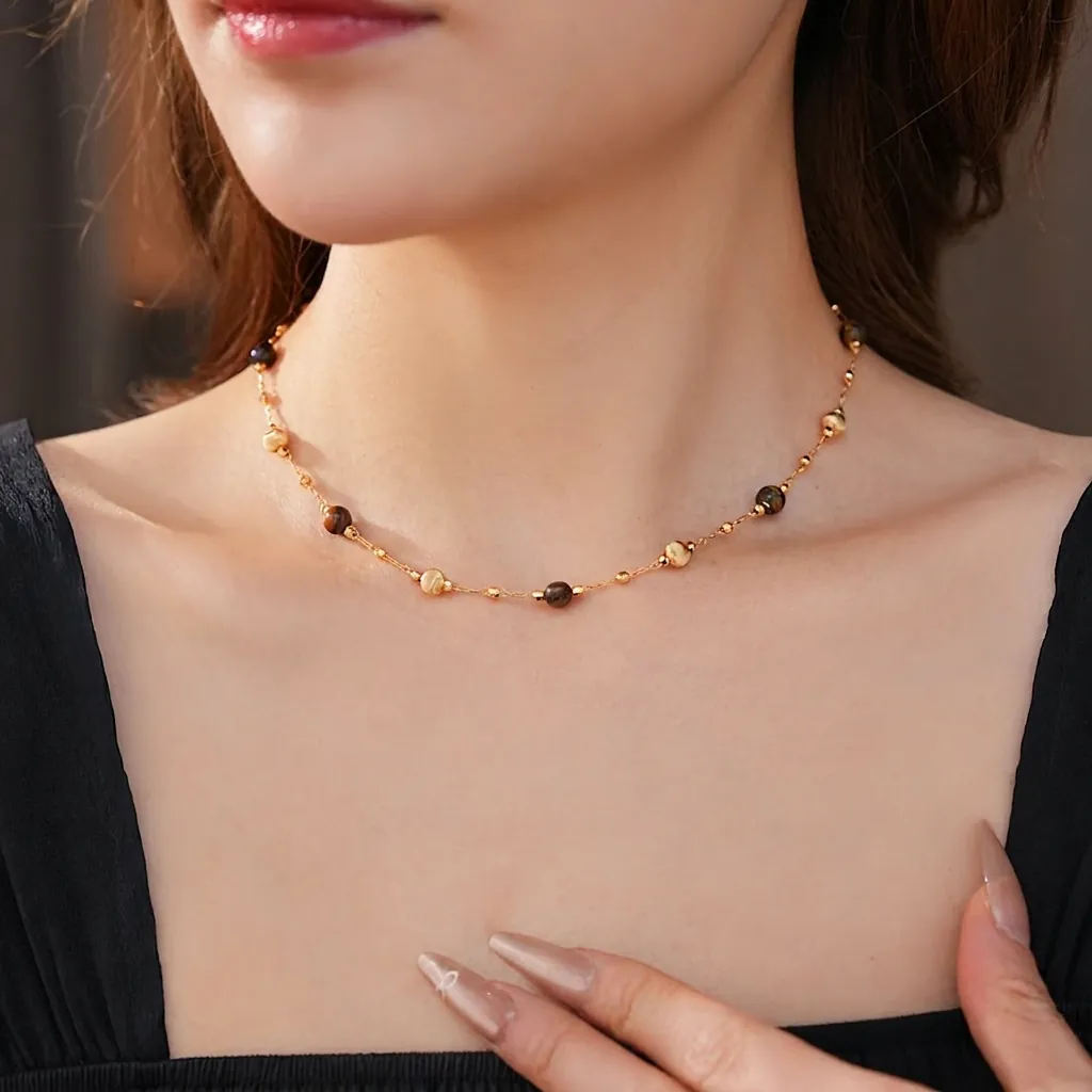 Collana Di Perline Occhio Di Tigre Rame Placcato Oro Vintage Maillard Minimalista Gioielli Donne Lusso Elegante Catena