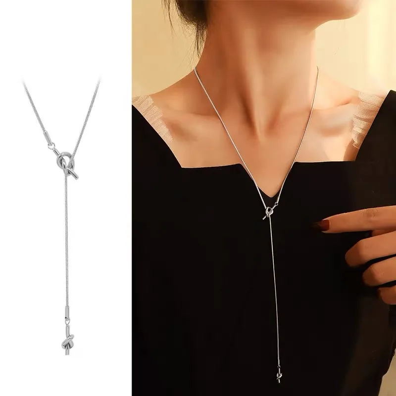 Minimalist Knot Lariat Necklace For Women Stainless Steel Snake Chain Geometric Y Shaped Long Neckwear Accessory