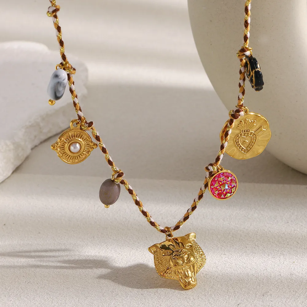 Multi Pendant Necklace Stainless Steel 18K Gold Plated Woven Colorful Rope Leopard Head Heart Artificial Pearl Bohemian Vintage