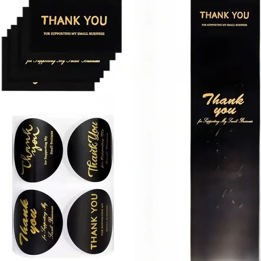 Business Thank You Cards And Stickers Gold Foil Black Paper Packaging Decor For Small Business Support Greeting