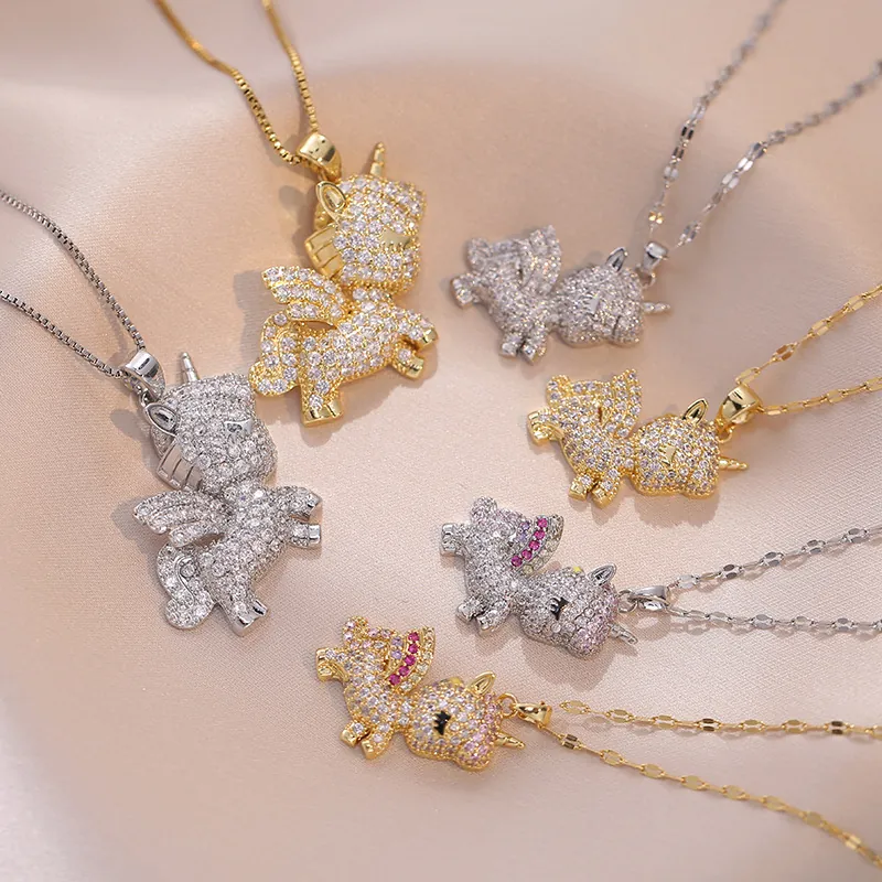 Unicorn Pendant Necklace Titanium Steel Full Pave Zircon Fashion Elegant Clavicle Chain Jewelry For Women