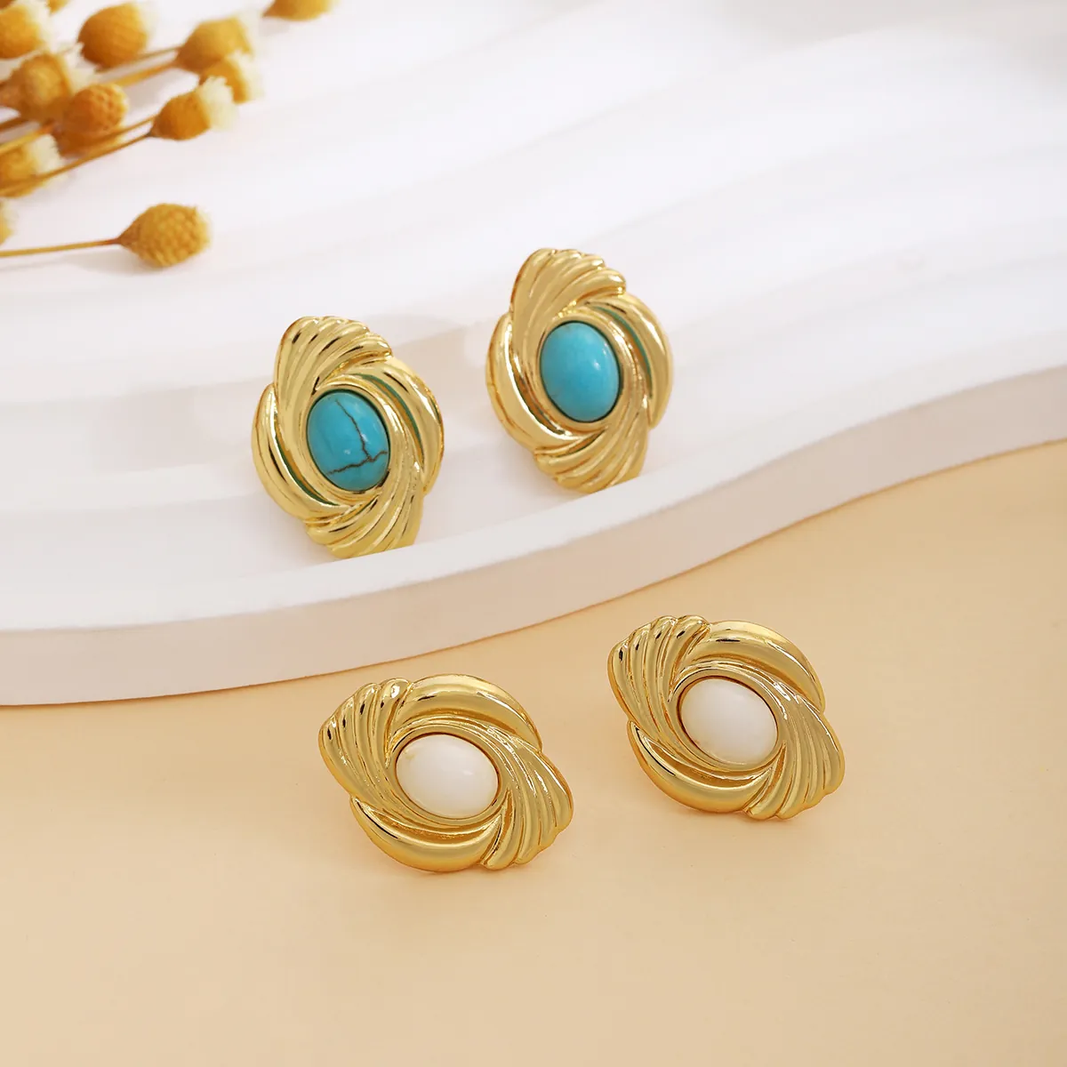 Vintage French Style Stud Earrings Alloy Gold Plated Spiral Vortex Oval Faux Artificial Pearl Turquoise Stone For Women Elegant Jewelry