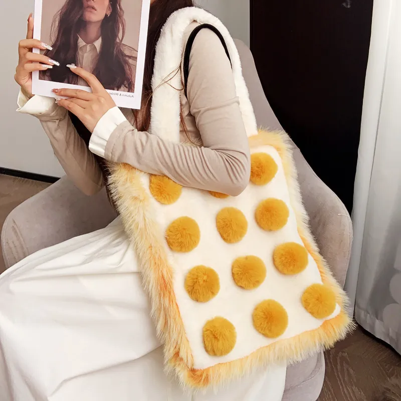 Plüsch Kunstfell Tote Tasche Süße Kontrastfarbe Bommel Handtasche Große Kapazität Schultertasche Winter Mode