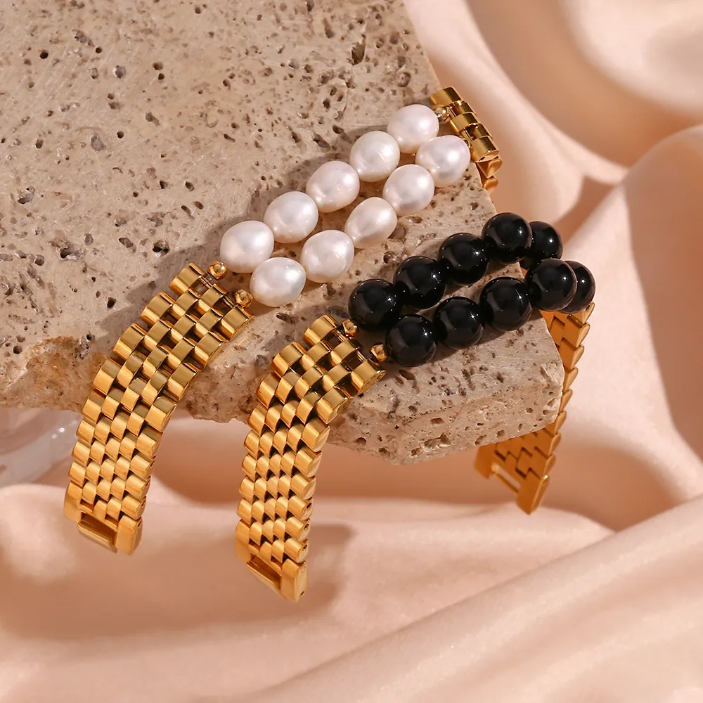 Stainless Steel Watch Band Link Bracelet Natural Stone Artificial Pearl Beads Vintage Fashion Jewelry For Women