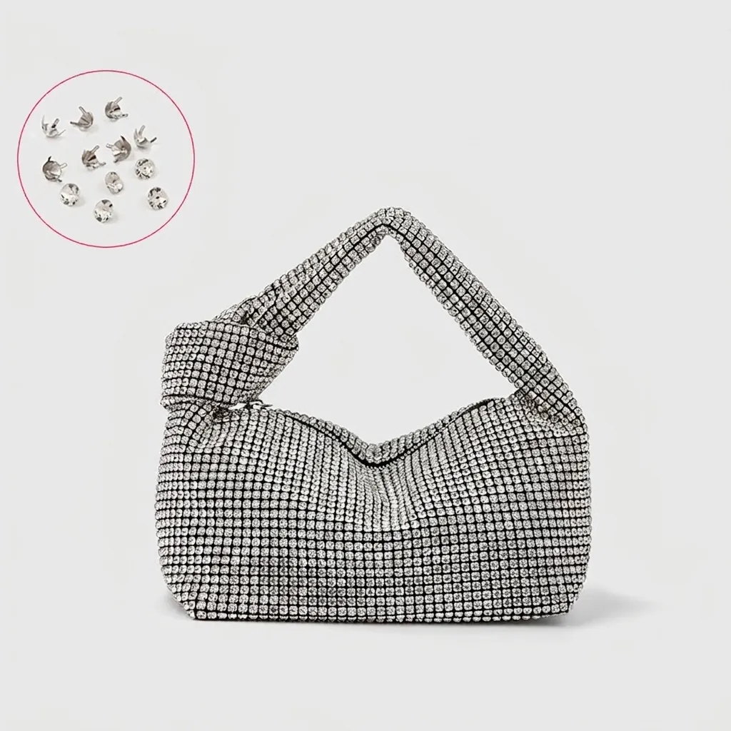 Women Full Rhinestone Evening Bag Knot Handle Hobo Shoulder Handbag Sparkly Luxury Party Wedding Dinner Pouch