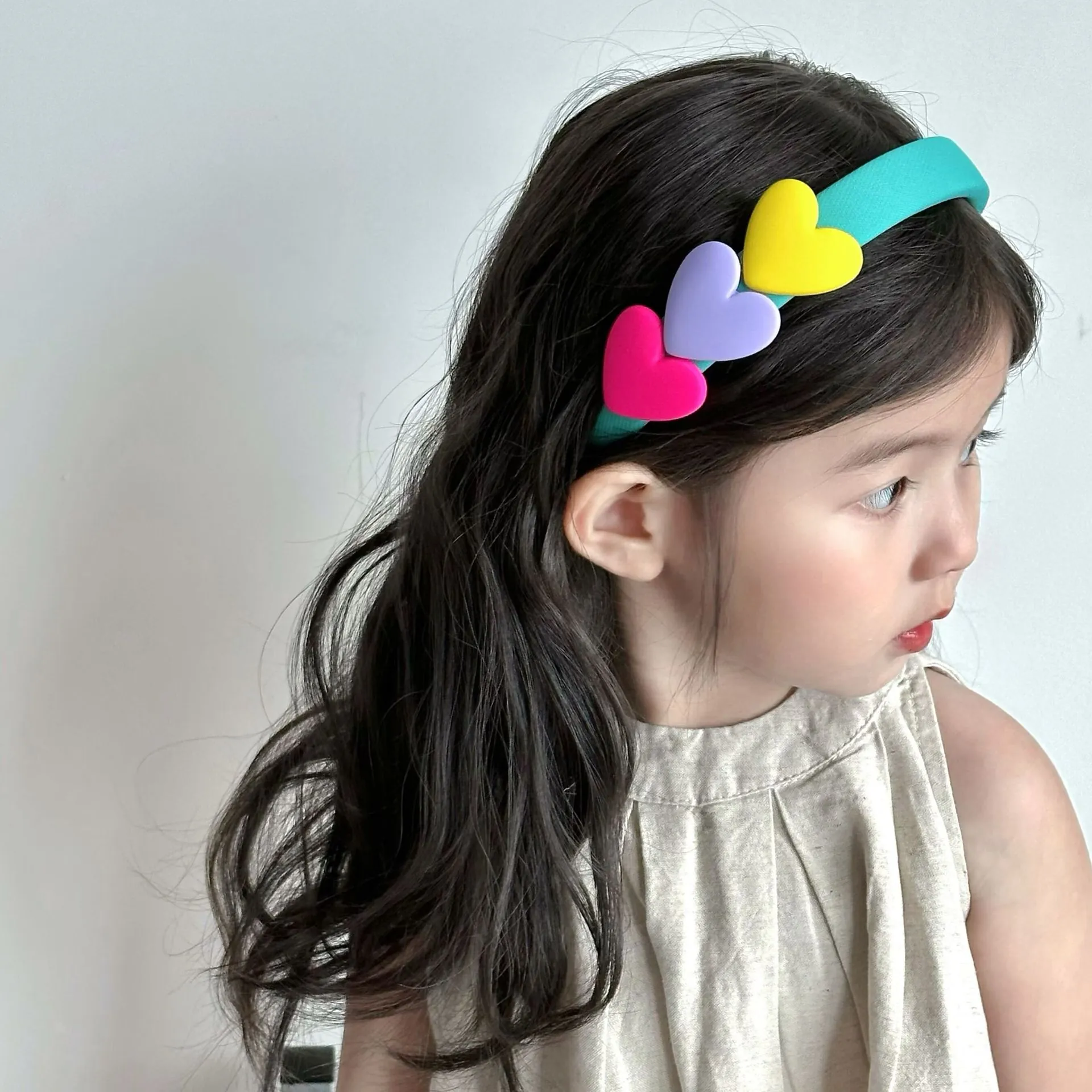 Kids Headband Sweet Colorful Heart Decor Fabric Wrapped Hair Hoop For Girls Toddler Contrast Color Hair Accessory