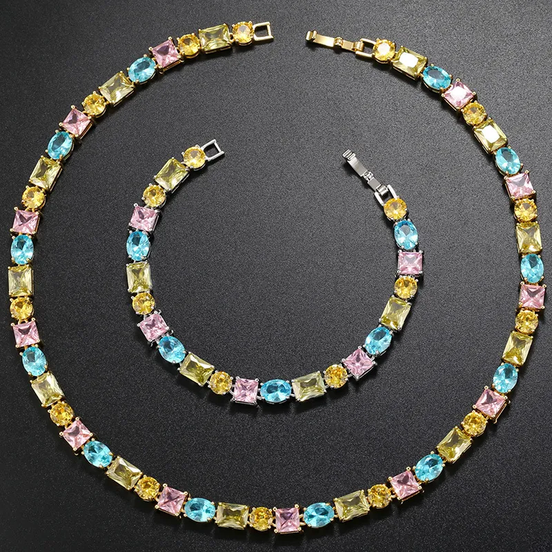 Multi Color Cubic Zirconia Brass Gold Plated Necklace And Bracelet Square Oval Cut Sweet Style Women Elegant
