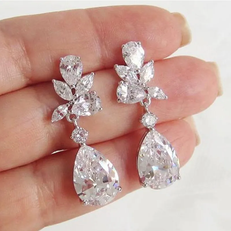 Teardrop Dangle Earrings Copper Cubic Zirconia Pear Cut Wedding Bridal Banquet Elegant Fashion For Women