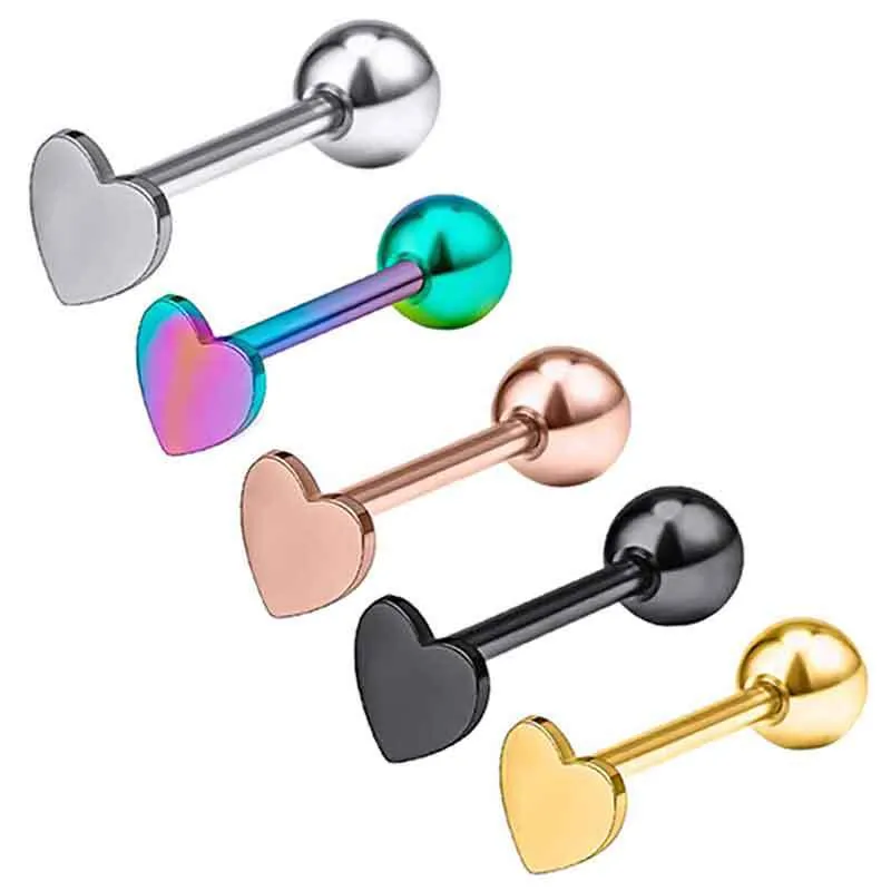 Heart Shaped Tongue Stud Stainless Steel Body Piercing Jewelry Ear Cartilage Stud With Screw Ball Back Polished Simple