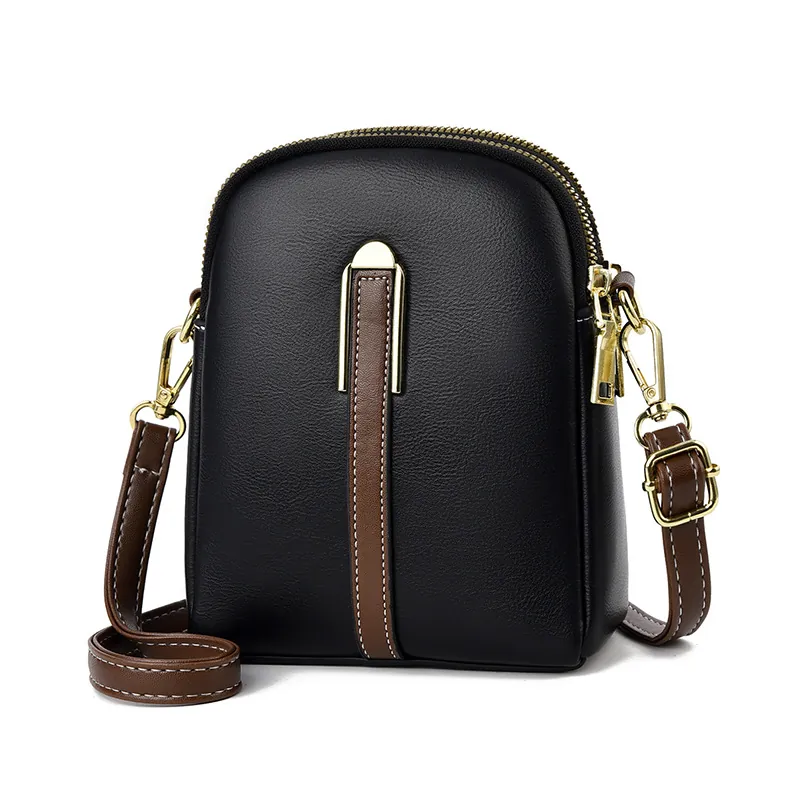 Mini Cell Phone Crossbody Bag PU Leather Litchi Pattern Double Zipper Contrast Color Small Shoulder Purse For Women