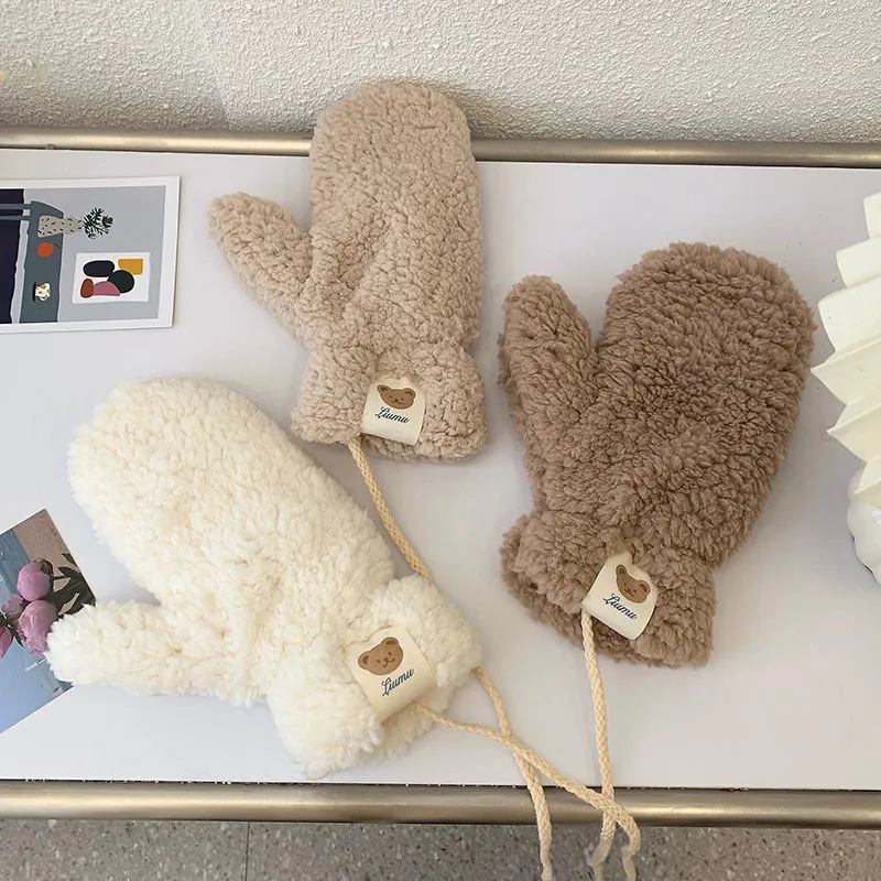 Damen Süß Bär Aufnäher Lammwolle Verdickt Warm Fäustlinge Umhängekordel Winter Radfahren Handschuhe Einfarbig Acryl Handschuhe