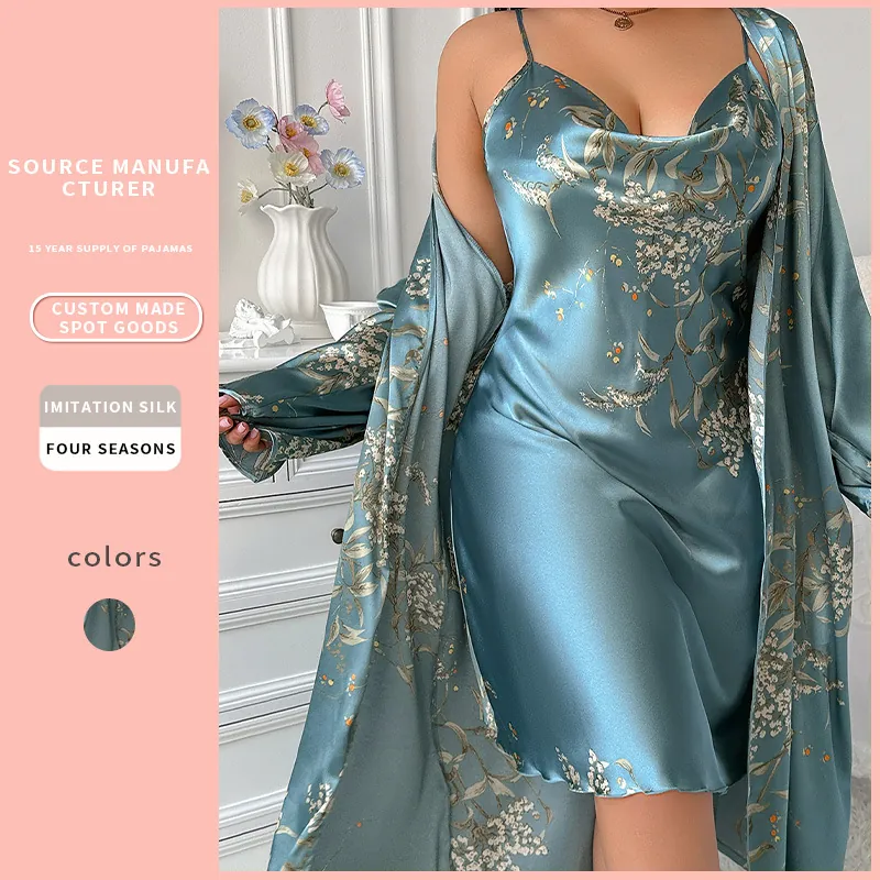 Women Pajamas Imitation Satin Satin Floral Print V Neck Nightdress And Long Sleeve Belted Robe Plus Size Sleepwear