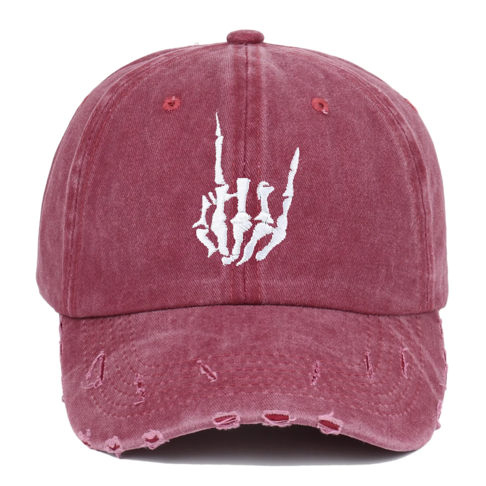 Vintage Washed Cotton Baseball Cap Distressed Rock Hand Skull Gesture Embroidery Adjustable Sun Hat For Men Women