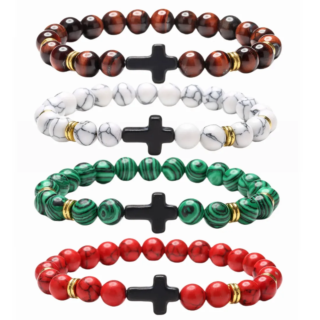 Bracciale con Perline Croce in Pietra Naturale per Uomo Donna Fatto a Mano Lava Occhio di Tigre Turchese Elastico Yoga Gioielli