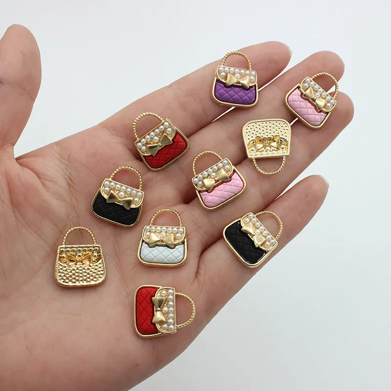Handbag Charms Alloy Pendants With Faux Artificial Pearl Bowknot Enamel Quilted Pattern For DIY Jewelry Making Findings Accessories