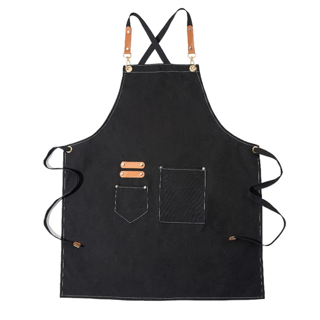 Cotton Canvas Work Apron With Leather Straps Cross Back Heavy Duty Multi Pockets For Barista Barber Chef Crafting Men Women