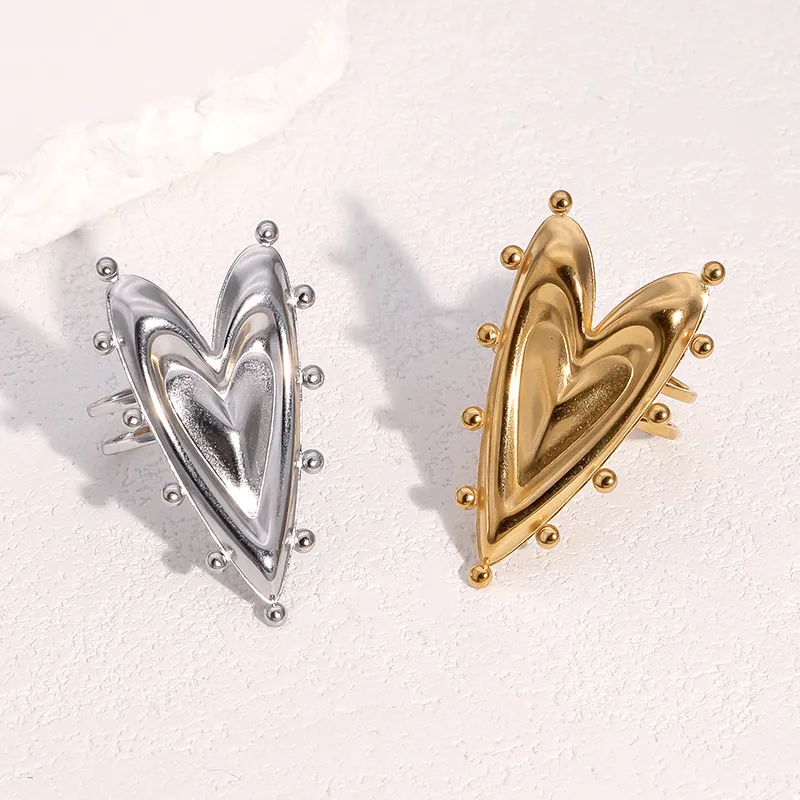 Grande Bague Cœur En Acier Inoxydable Plaqué Or 18K Bord Perlé Design Ouvert Ajustable Bijoux Tendance Minimalistes Pour Femmes