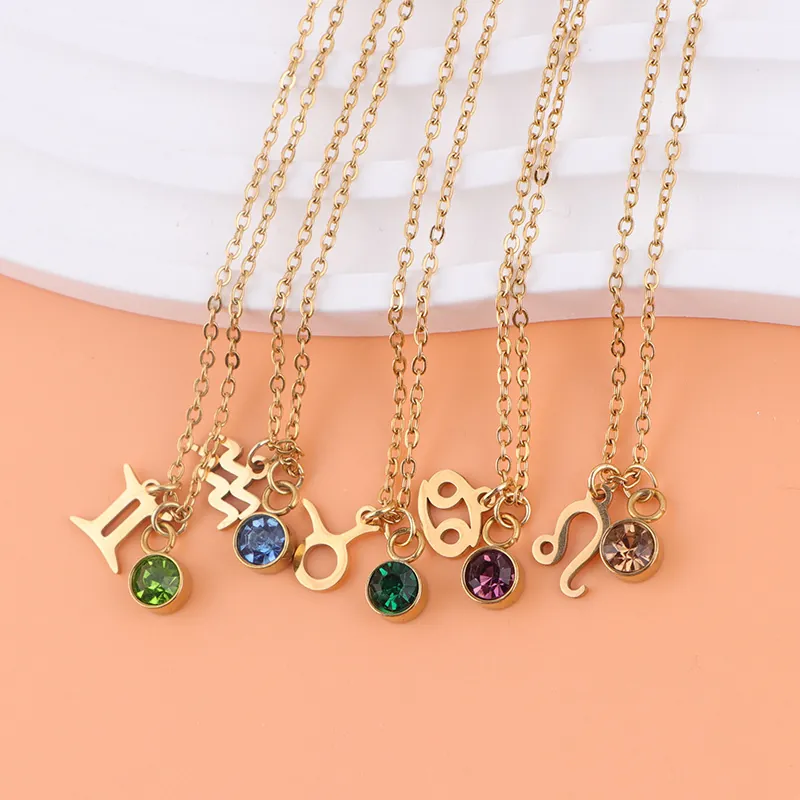 12 Zodiac Constellation Pendant Necklace 304 Stainless Steel With Round Colorful Birthstone Zircon For Women Men Jewelry