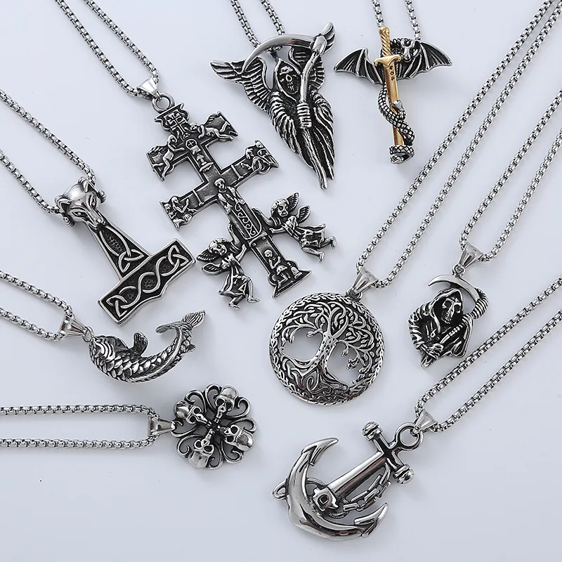 Vintage Gothic Anhänger Halskette 304 Edelstahl Hip Hop Punk Sensenmann Kreuz Anker Schmuck Für Männer