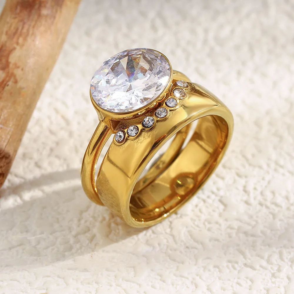 Stacked Oval Zircon Rings Stainless Steel 18K Gold Plated Elegant Geometric Luxury Jewelry For Women Niche Fashionable Style