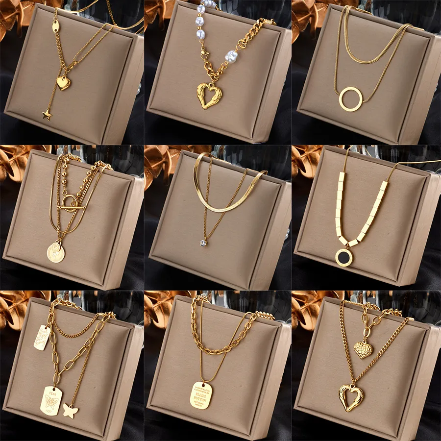 Layered Heart Pendant Necklace Stainless Steel Gold Plated Multi Strand Asymmetric Chain Faux Artificial Pearl Jewelry For Women