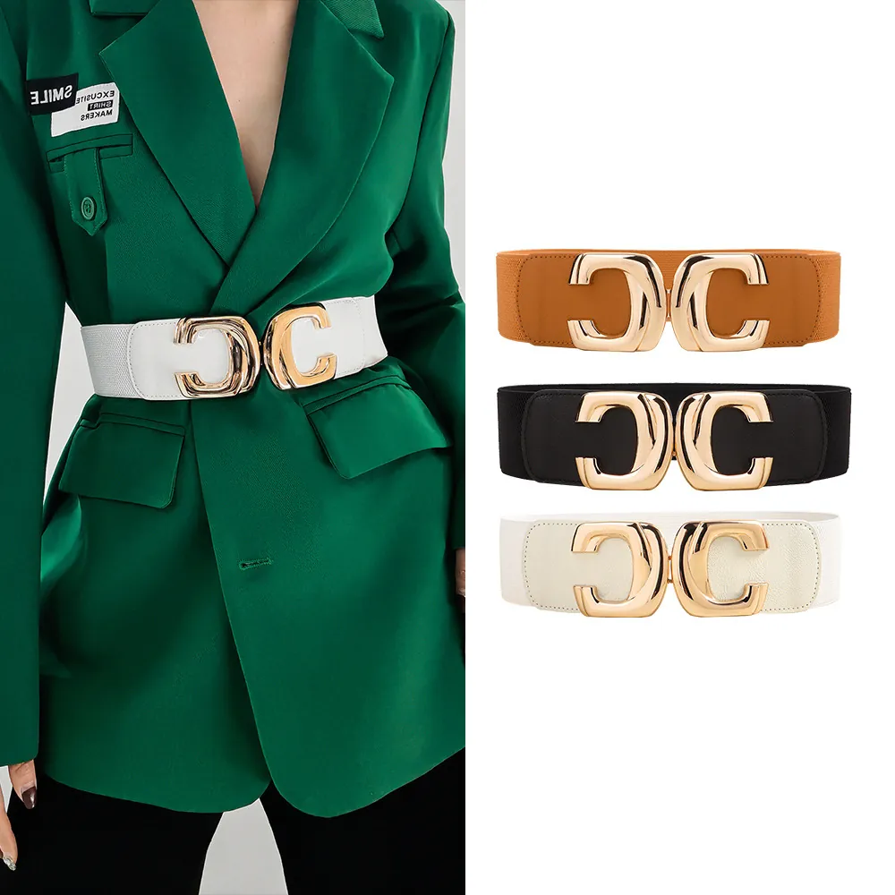Women Wide Elastic Waist Belt With Gold C-Shape Alloy Buckle Retro Elegant Corset Belt For Dresses Coats